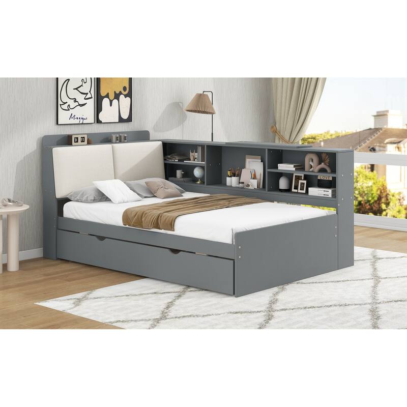 Twin Size Platform Bed with Trundle, Storage Shelves, Headboard with Upholstery, and Space-Saving Rotating Board