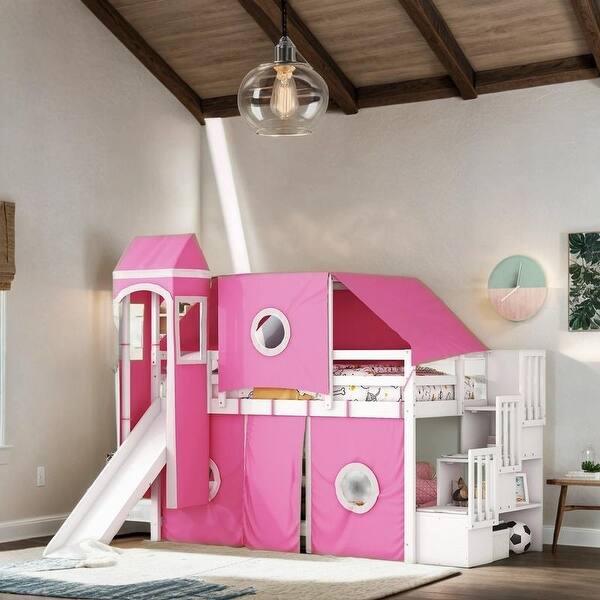 slide 2 of 38, Playhouse Twin Size Bunk Bed with Slide Pink Tent and Tower, Pink Pink