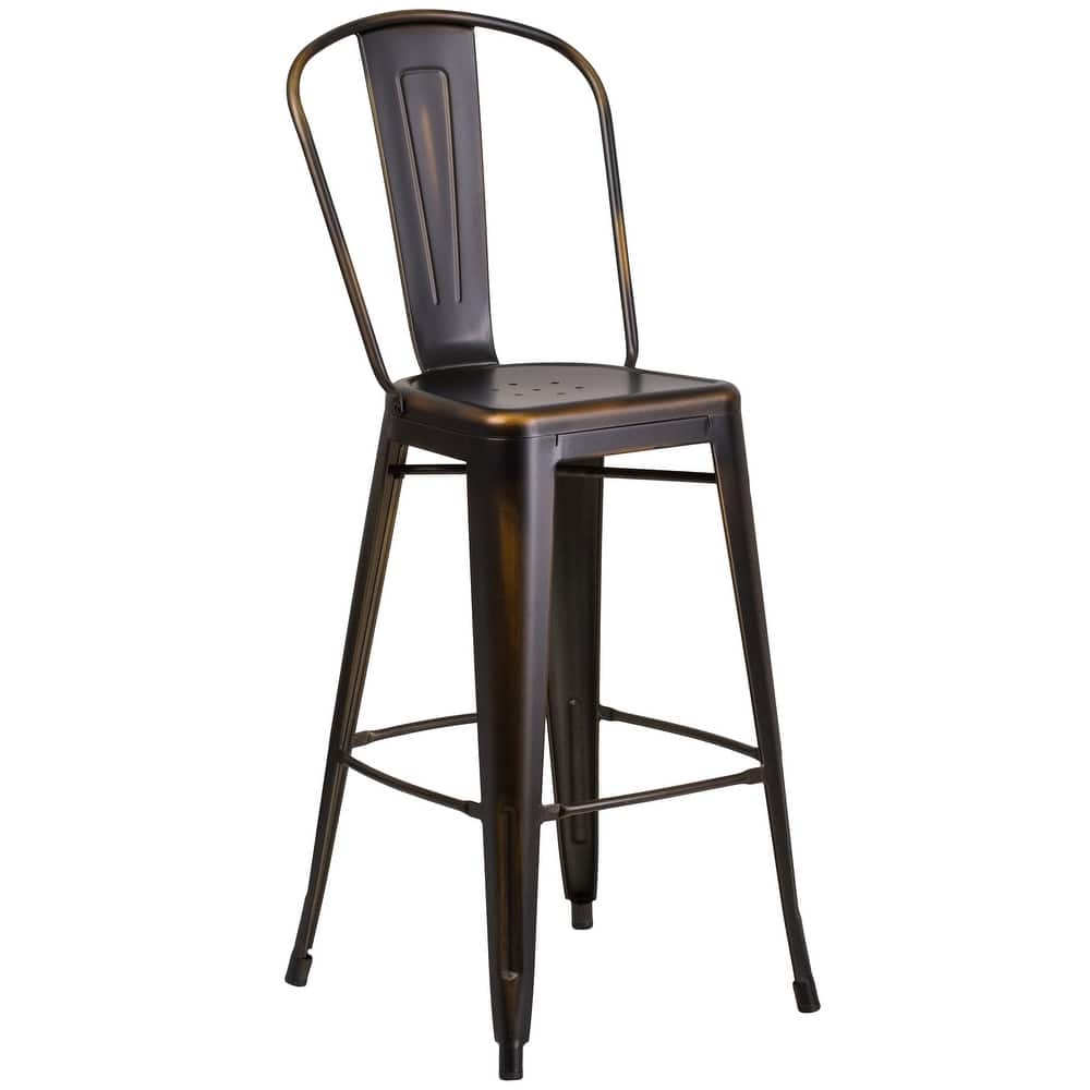 30" High Distressed Metal Indoor-Outdoor Barstool with Back - 18"W x 19"D x 46"H