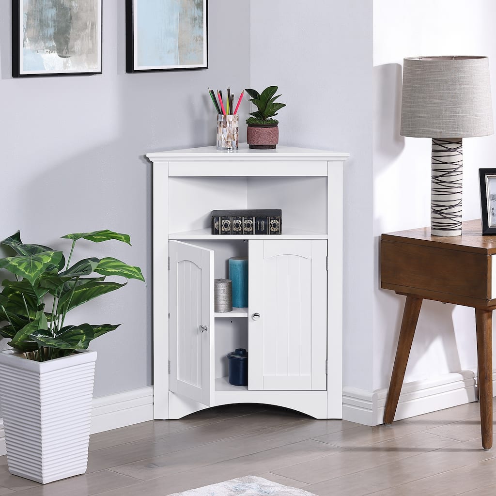 Roomfitters Corner Storage Cabinet with Doors and Open Shelf, Free Standing Sideboard Cabinet for Bathroom, Kitchen, or Entryway