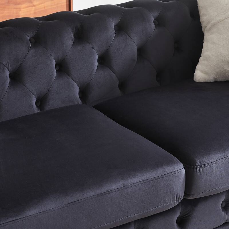 Velvet Upholstered 3 Seater Sofa, Chesterfield Tufted Button Sofa, Lounge Sofa Chair with 2 Pillows & Metal Legs