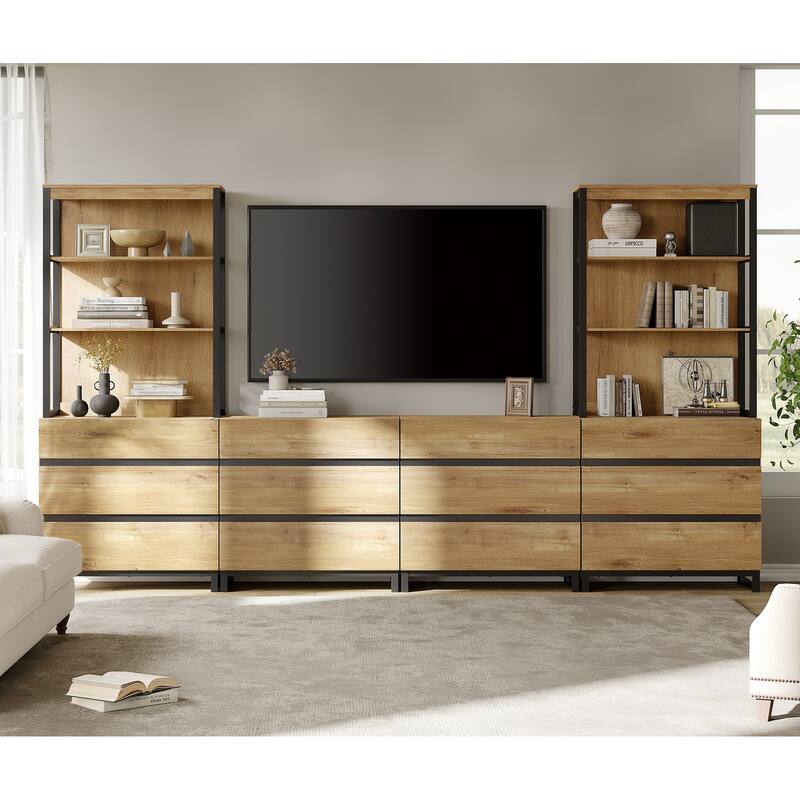 WAMPAT Modern TV Stand with 3 Tiers Bookshelf, Farmhouse Entertainment Center with 12 Drawers and Adjustable Shelf