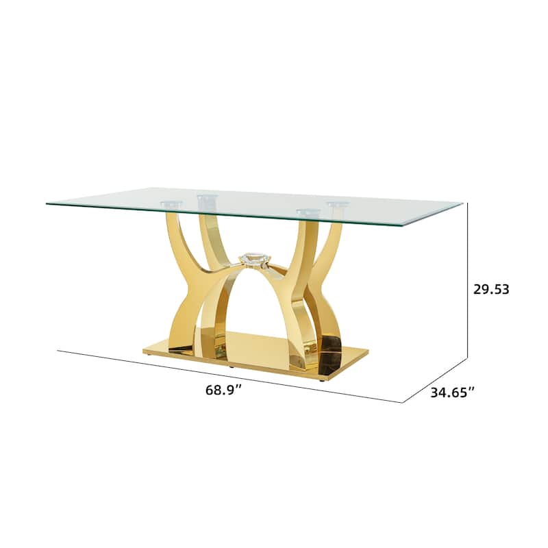 68.9 Inch Luxury Glass Dining Table for 6, Clear Tempered Glass Top with Gold Curved Base, Modern Design