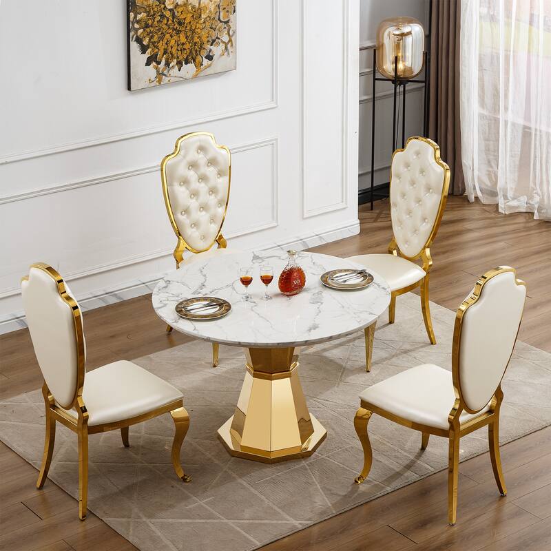 47" Round Dining Table with Faux Marble Tabletop and Stainless Steel Base - Gold+White