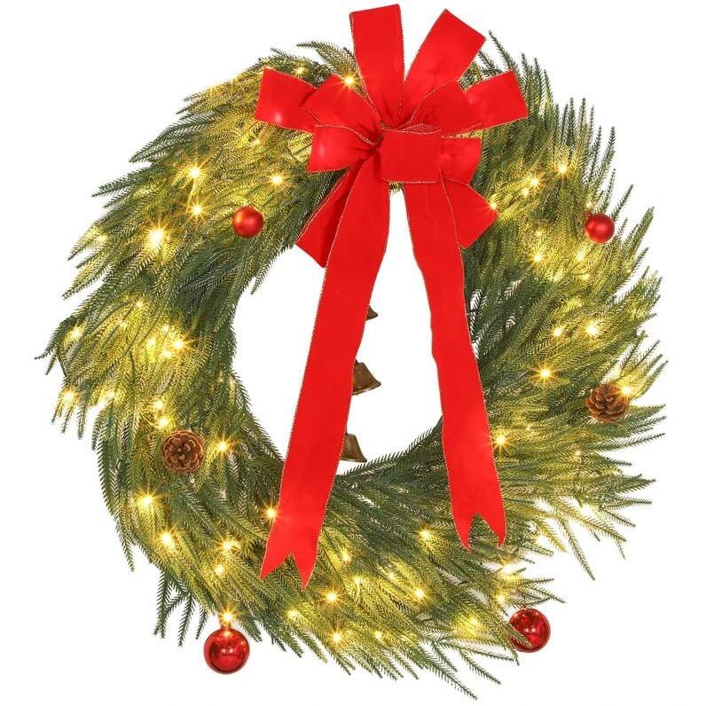 Anmytek 36" Festive Christmas Wreath - Front Door Decor with 8-Mode LED Lights & Ornaments