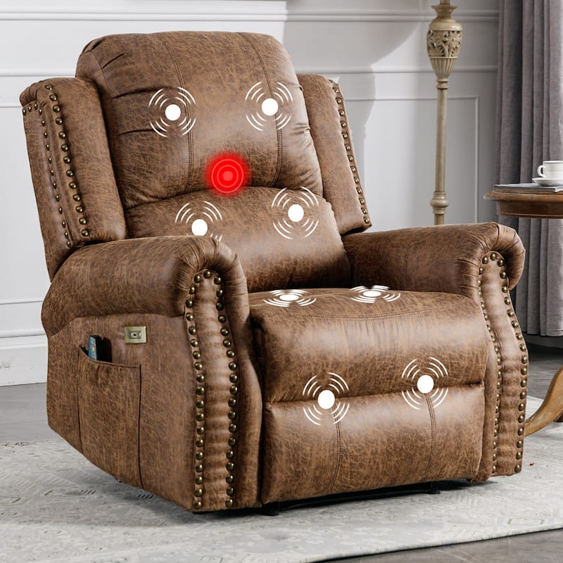Power Recliner Chair with Massage and Heat, Faux Leather Electric Recliner with USB Port for Living Room - Brown