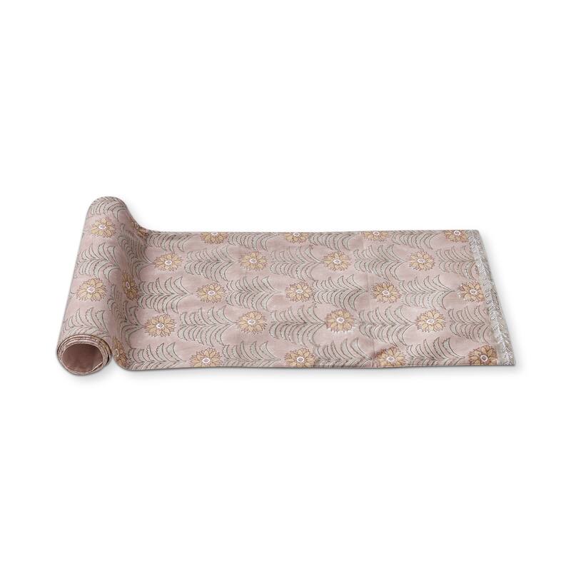 Sunflower Block Print Abstract Print on Brown Background Cotton Machine Washable Table Runner Décor Decoration, 72" x 14.5"-in.