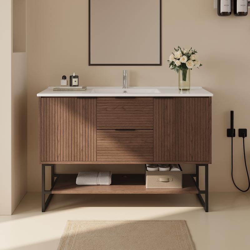 48'' Single Bathroom Vanity with Stone Top, Solid Wood, Fully Assembled