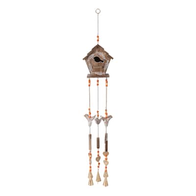 Wood Metal Hand Painted Birdhouse Chime Home Garden Decor - 38" Brown - 7" x 5" x 38"