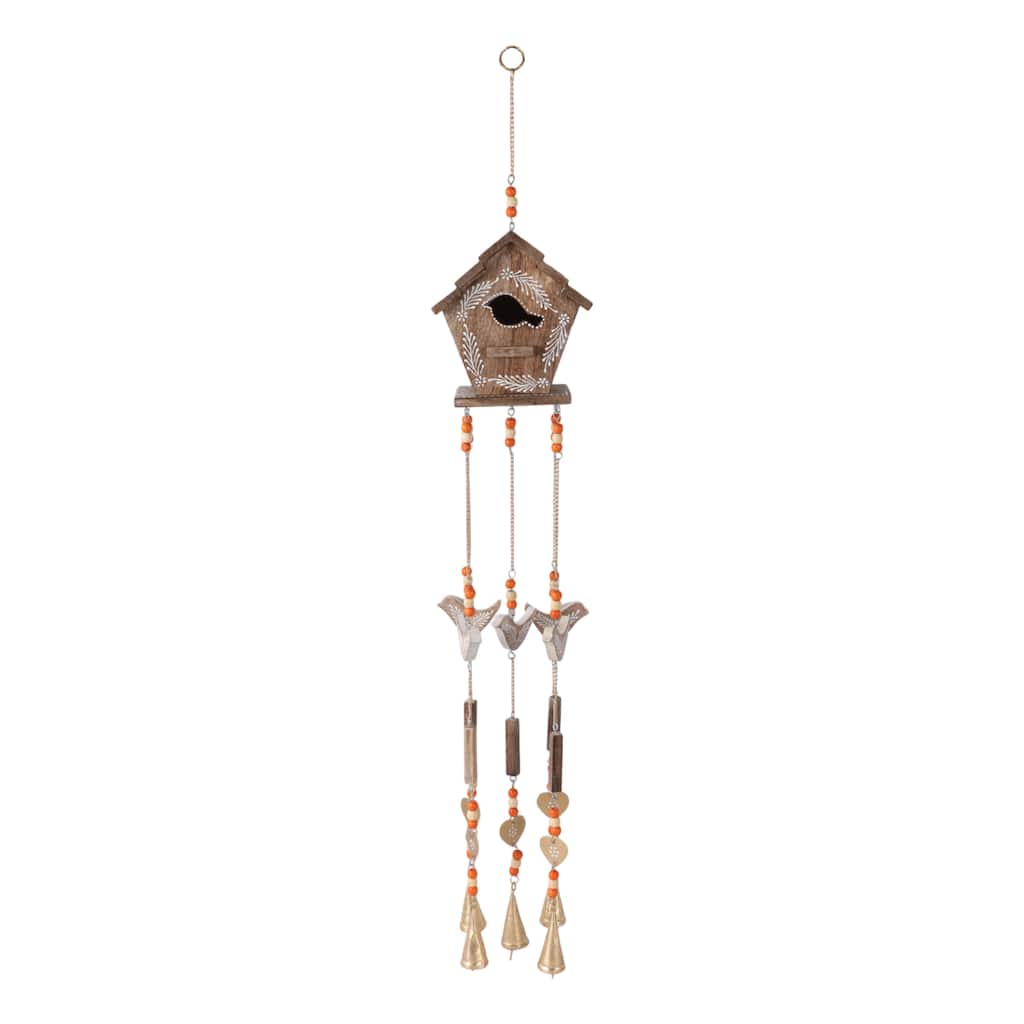 Wood Metal Hand Painted Birdhouse Chime Home Garden Decor - 38" Brown - 7" x 5" x 38"