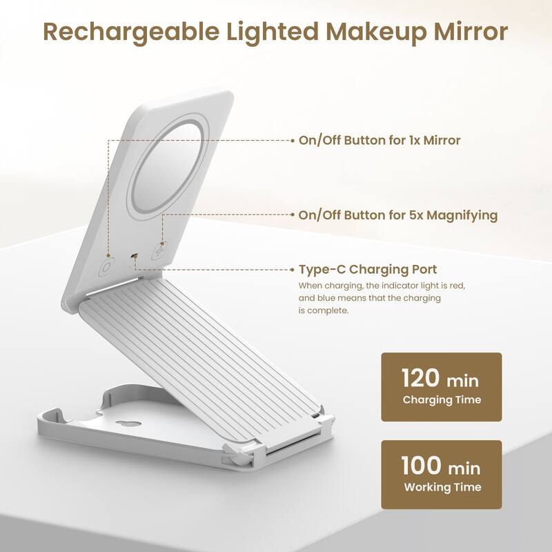 Foldable Portable LED Makeup Mirror with 5X Magnification and Adjustable Brightness - 8"L x 5.3"W