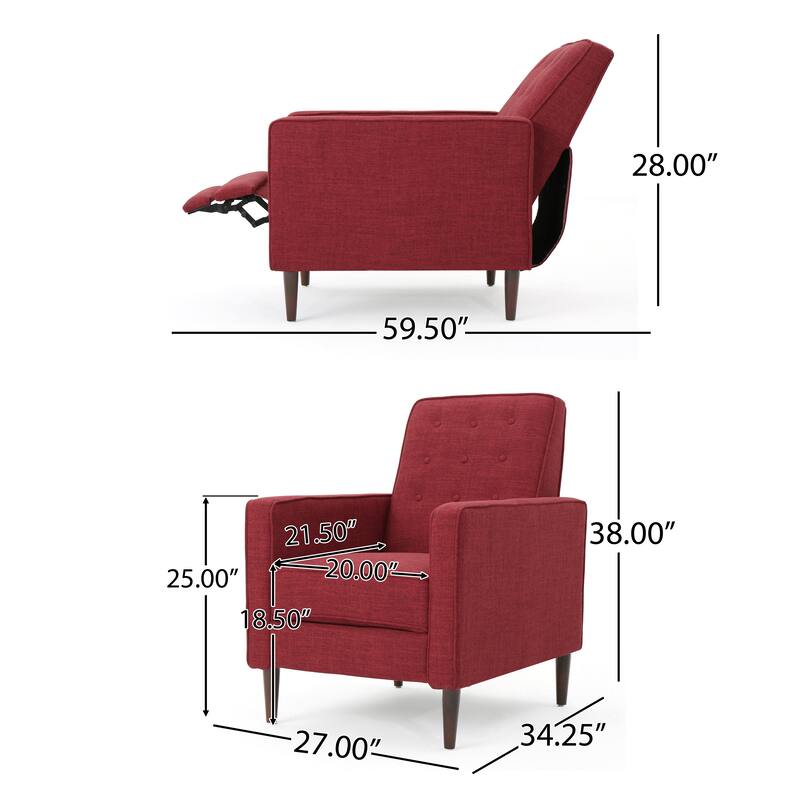 Red Fabric Mid-Century Upholstered Push Back Recliner with Footrest, Button-tufted Backrest, Beech Wood Legs