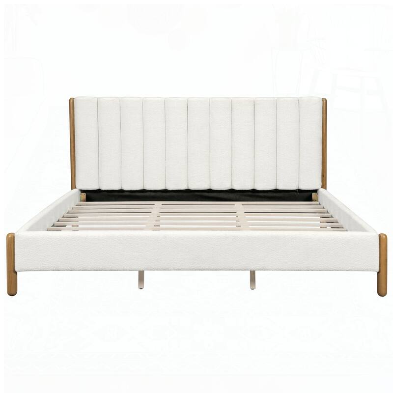 Bed Frame with Boucle Upholstered Thick Headboard and Solid Wooden Legs