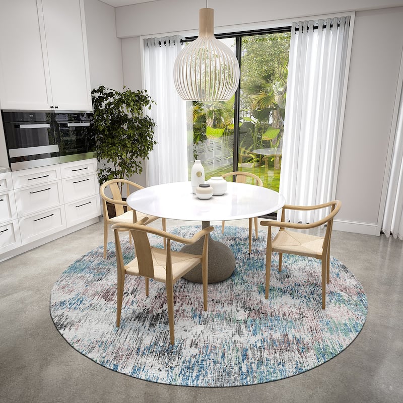 Indoor/ Outdoor Accord Modern Brushstrokes Polyester Washable Rug New - 8' x 8' Round - Teal