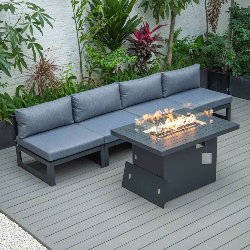 LeisureMod Chelsea 5-Piece Outdoor Patio Chairs and Fire Pit Table Set