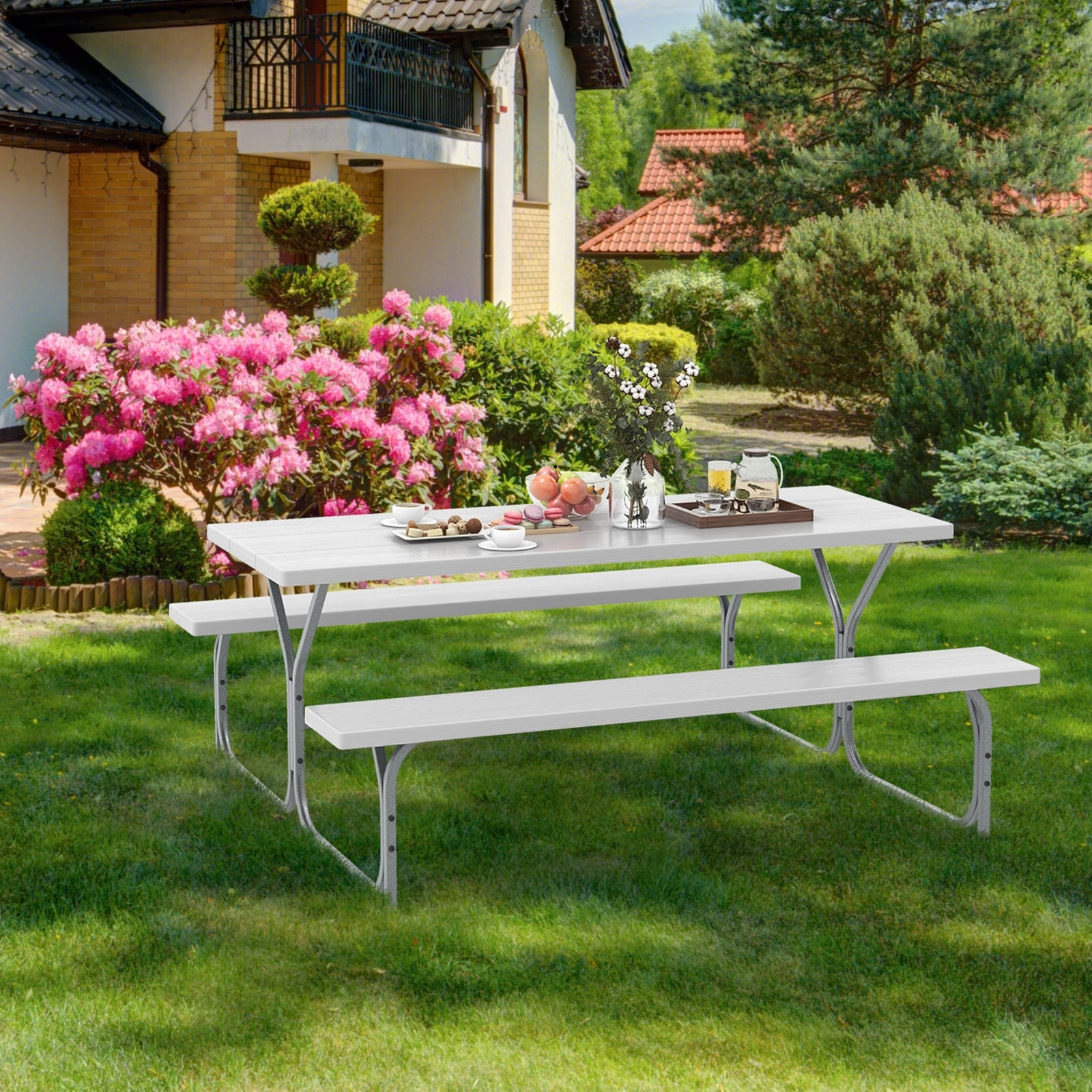 72 Inch 8-Person Outdoor Picnic Table and Bench Set with HDPE Wood-Texture Top and with Built-in Umbrella Hole