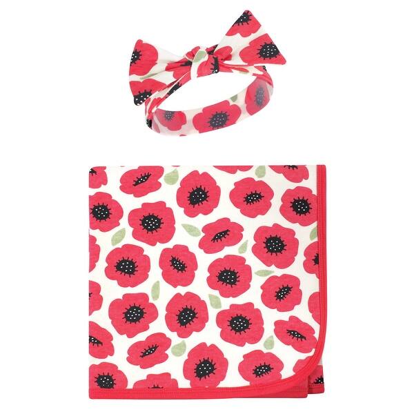 slide 1 of 1, Touched by Nature Baby Girl Organic Cotton Swaddle Blanket and Headband or Cap, Poppy, One Size - Poppy - One Size One Size - Poppy