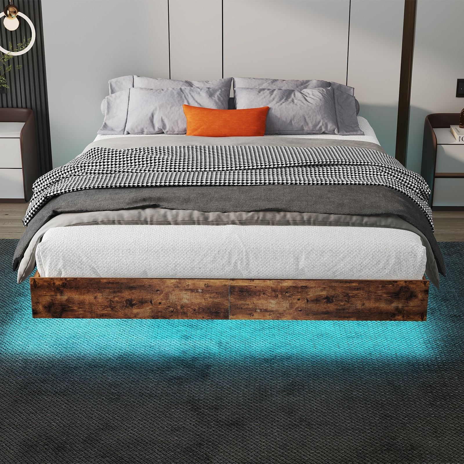 Full Size Floating Bed Frame with LED Lights, Heavy Duty Metal Platform - Brown