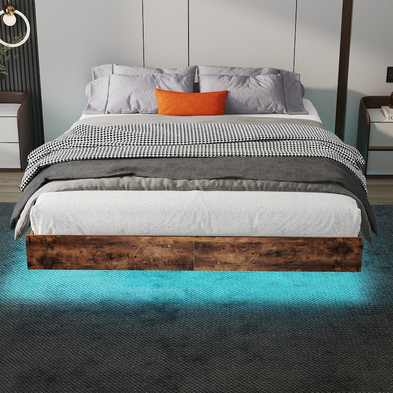 King/Queen/Full Floating Bed Frame with LED Lights & Heavy-Duty Metal Base - Brown - Full