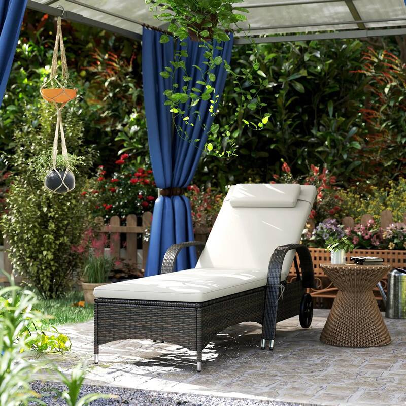 Outdoor Rattan Chaise Lounge,5 Level,Recliner,Wheels,Cushion,Headrest