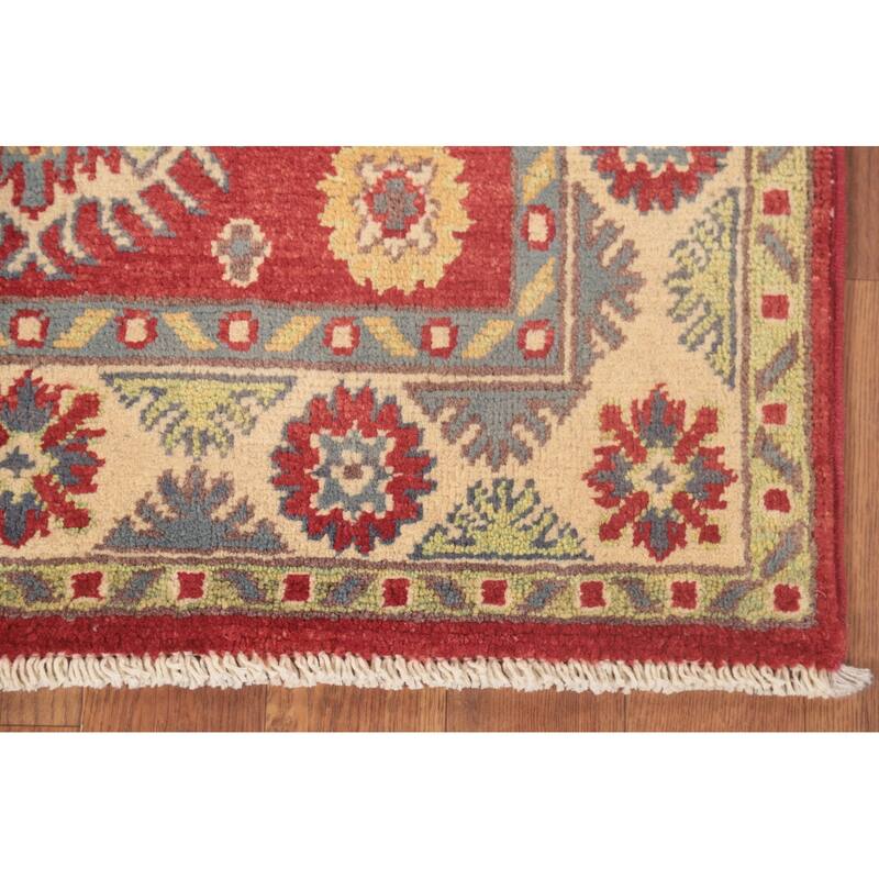 Geometric Red Kazak Oriental Foyer Rug Hand-Knotted Wool Carpet - 2'7" x 4'1"