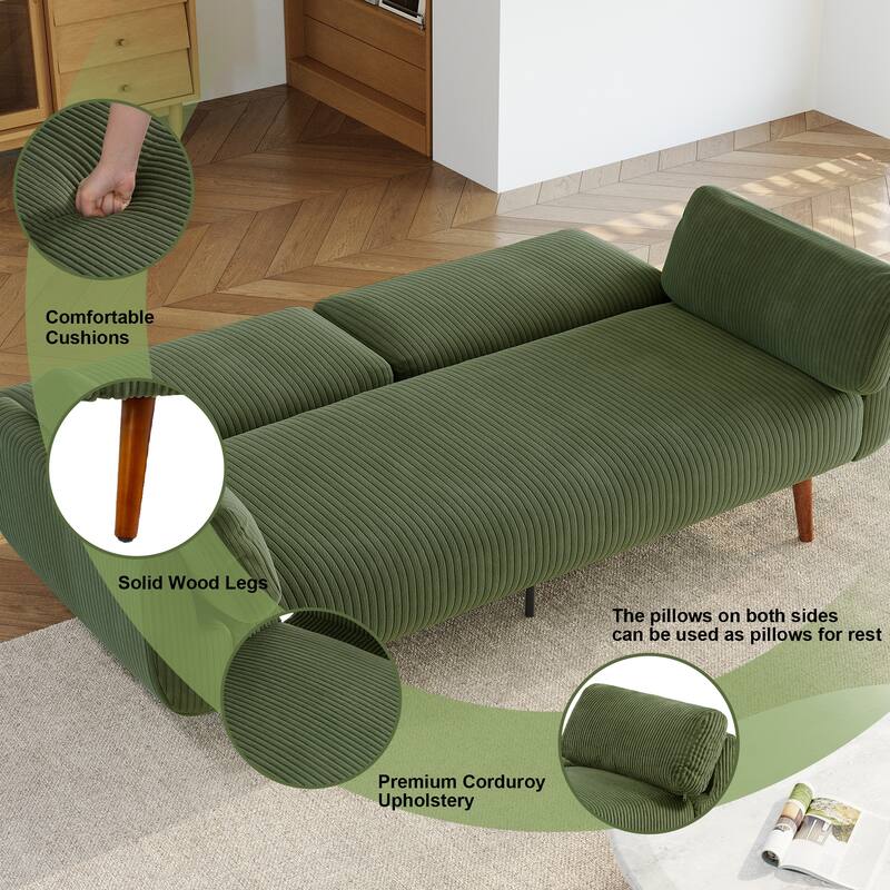 73" W Upholstered Corduroy Convertible Sleeper Sofa Bed with Pillows