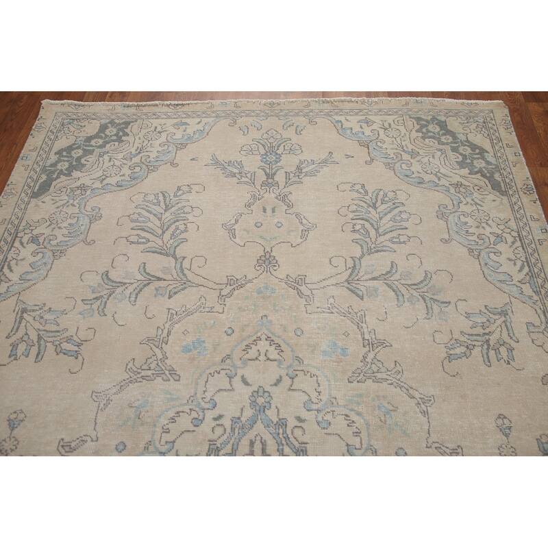 Hand Knotted Oriental 100% Wool Carpet Traditional Floral Beige & Ivories Tabriz Area Rug - 9' 2'' X 5' 6''