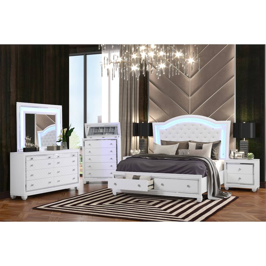 Shiney White Bedroom Set with LED lighting
