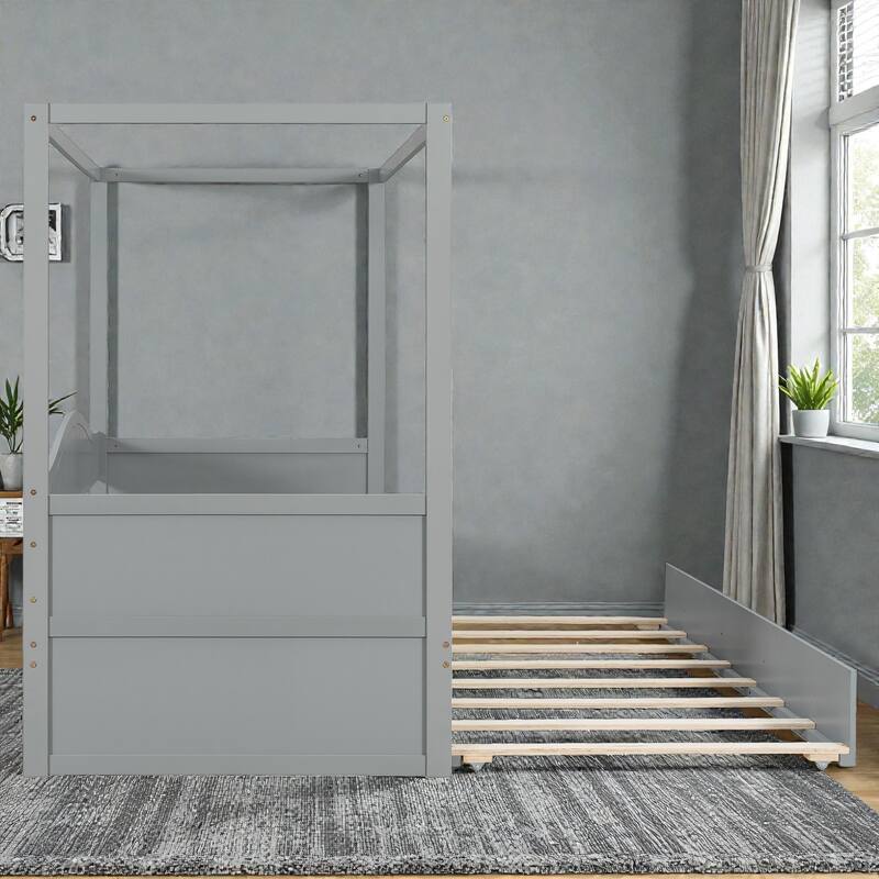 Twin Size Wooden Canopy Day Bed with Twin Trundle, Solid Pine Wood Frame with Backrest, Space Saving Design