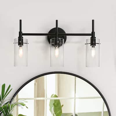 Modern 3-Light Matte Black Dimmable Bathroom Vanity Lights Cylinder Shade Wall Sconces with Clear Glass - 20" L x 6" W x 10.5" H