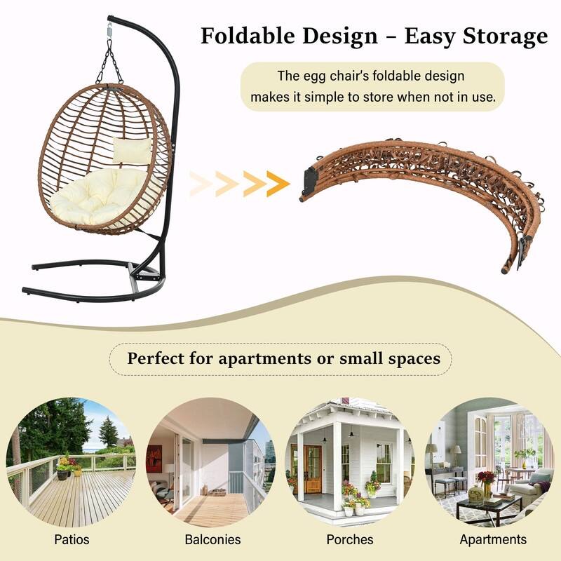 Single Person Folding Egg Chair with Stand, Indoor Outdoor Hanging Wicker Swing Chair with Adjustable Feet