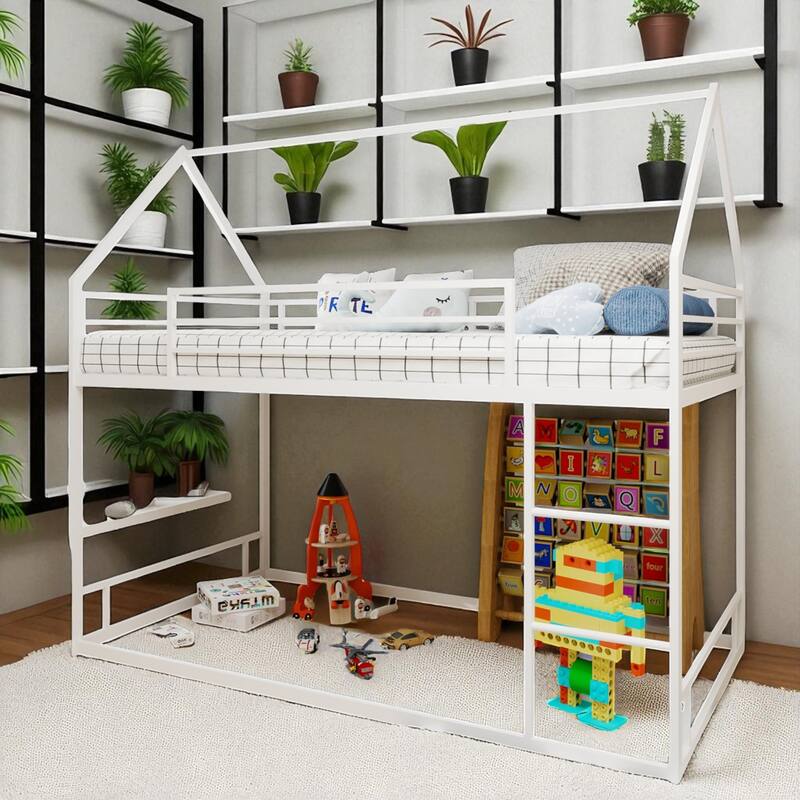 Metal Twin over Twin Bunk Bed with Ladder, Safety Guardrails, Heavy-Duty Noise-Reduced Frame, No Box Spring Needed - White - Twin