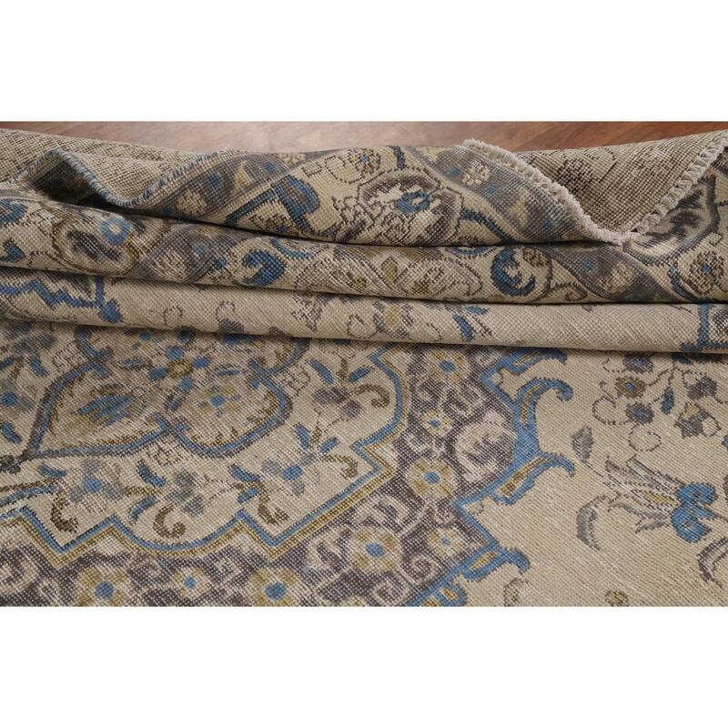 Tabriz Persian Area Rug Hand-Knotted Beige Floral Wool Carpet - 8'2"x 10'9"