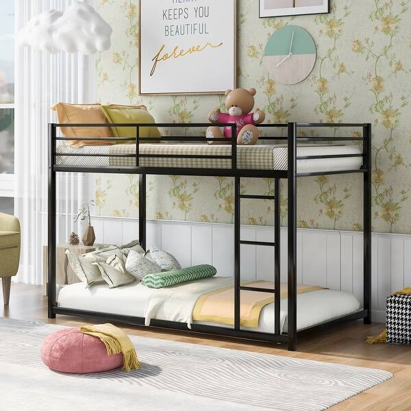 slide 2 of 13, Black Twin over Twin Size Metal Low Bunk Bed with Ladder & Fence Twin over Twin - Black