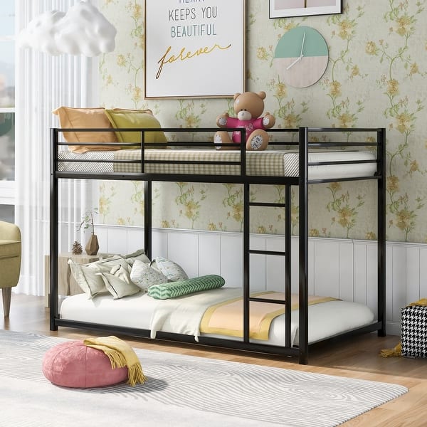 slide 2 of 34, Twin over Twin Size Metal Low Bunk Bed with Ladder and Fence for Kids' Bedroom Twin over Twin - Black