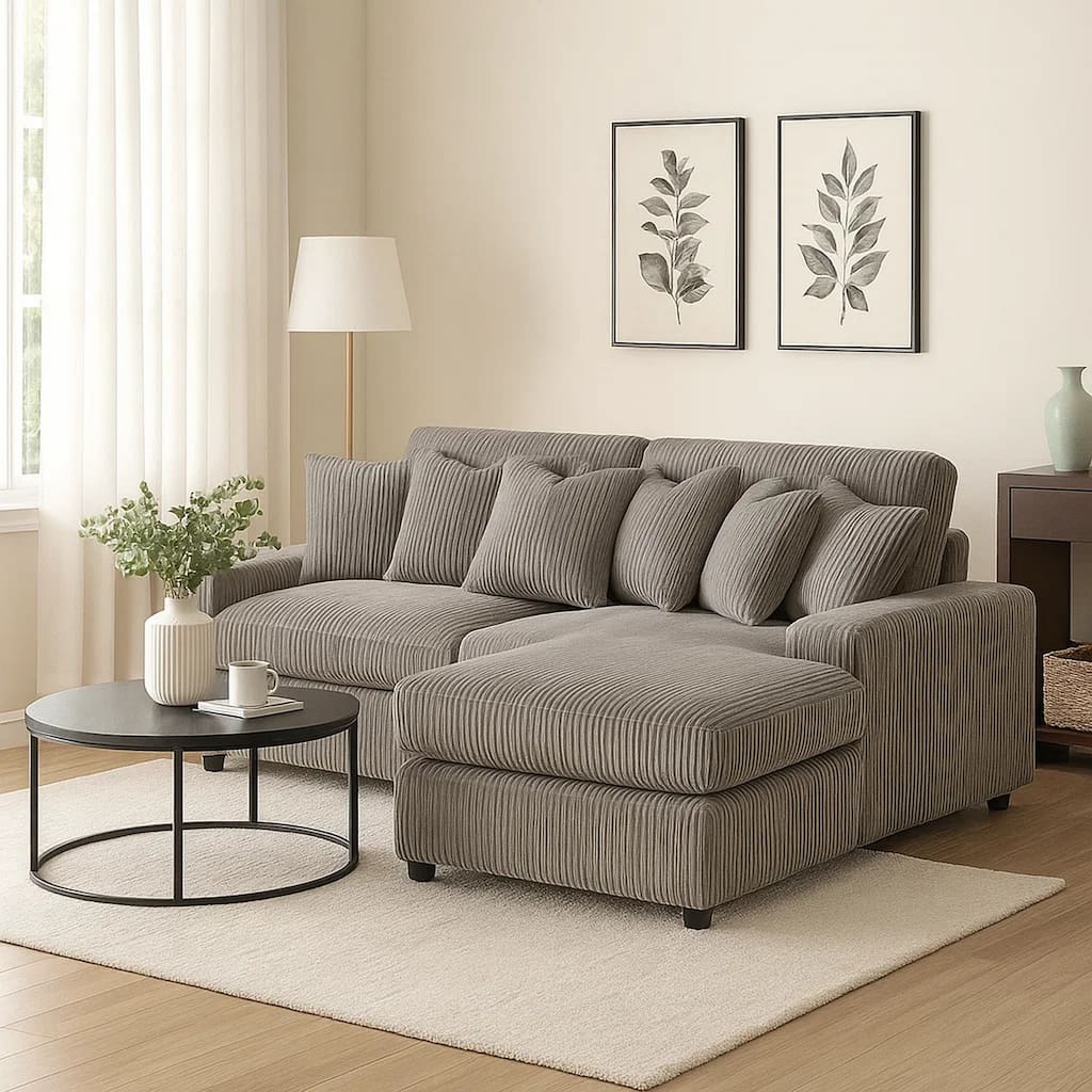 84 Inch Sectional Sofa, 6 Pillows, L Shape, Corduroy Upholstery, Gray