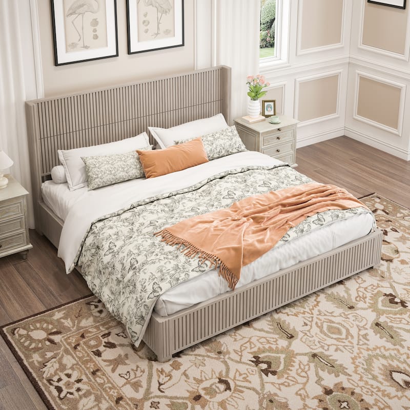 GDFStudio - Modern Solid Wood Low-Profile Platform Bed Frame with Fluted Headboard, Heavy-Duty Support & No Box Spring Needed