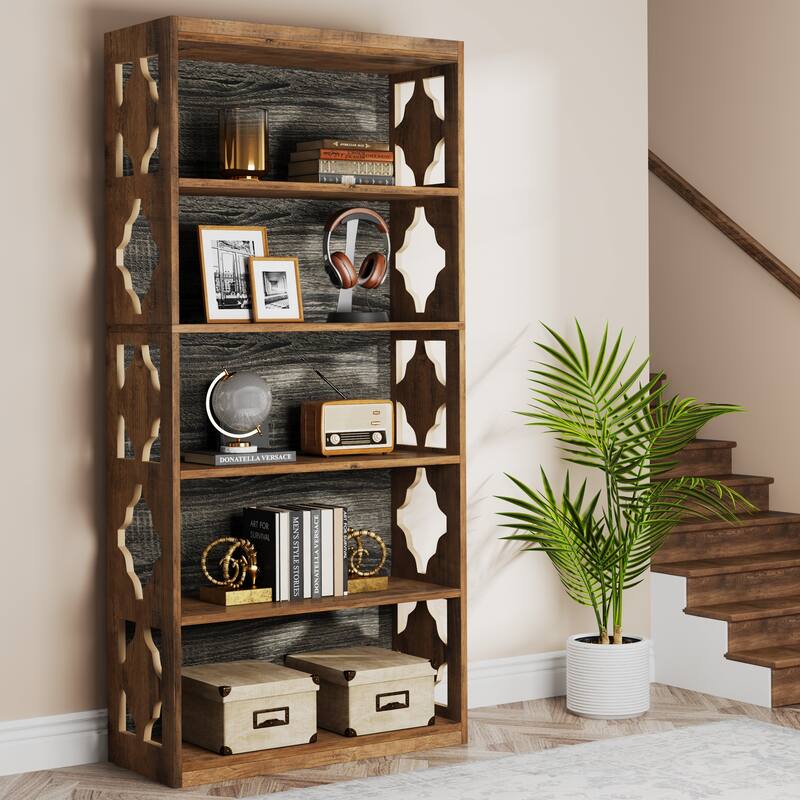 6-Tier Bookcase, 70-Inch Tall Freestanding Bookshelf with Hollow Patterns - Brown/Grey