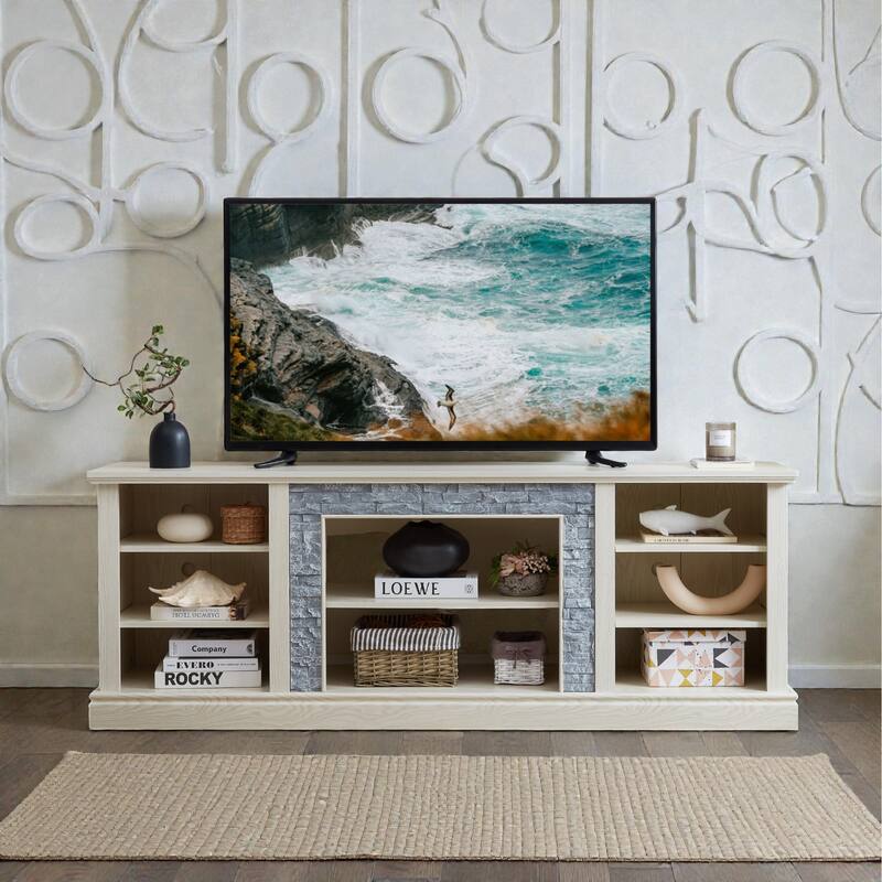 70 Inch TV Stand for TVs up to 75 Inch, Media Console with Faux Stacked Stone Surround, Storage Cabinet & Cable Management