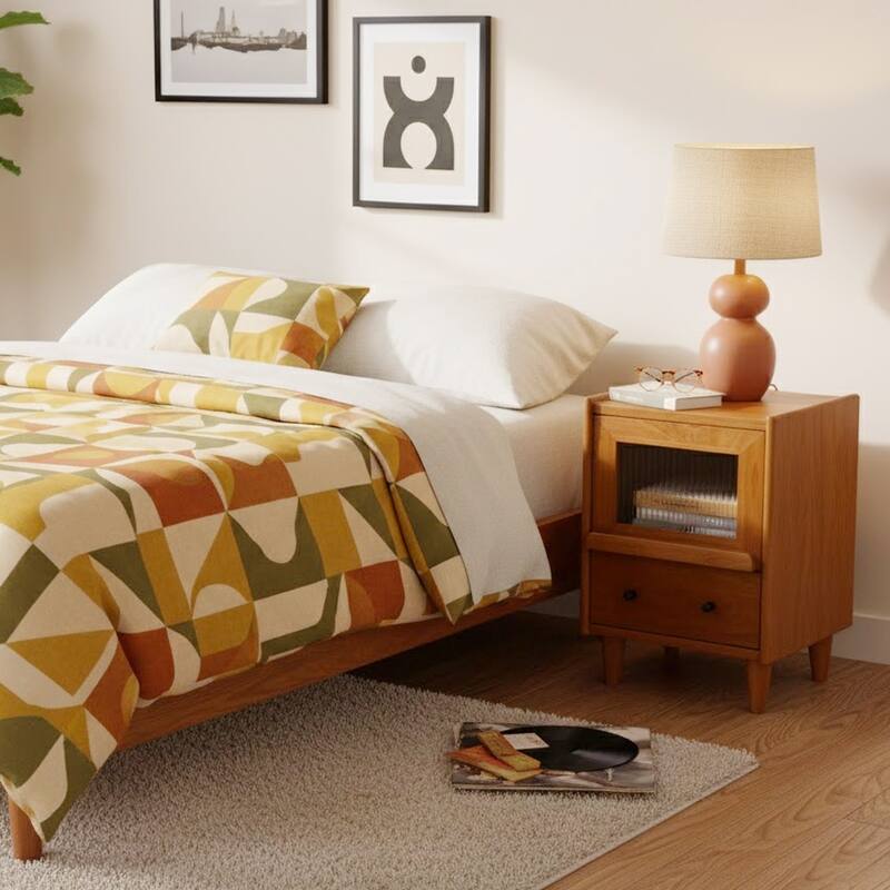 Traditional Vintage Pine Glass Nightstand 2-Drawer For Bedroom