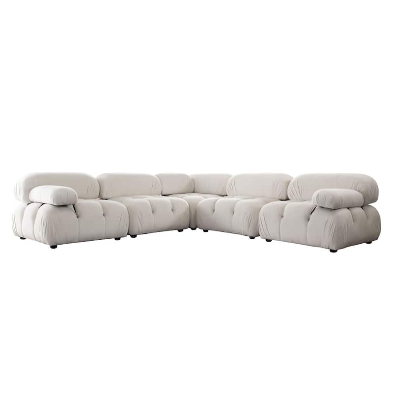 Hito 5 Piece Modular Sectional L Sofa Set, Light Cream Bubble Grid Tufting