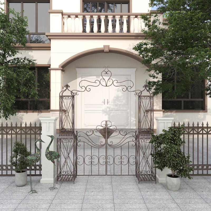Metal Indoor Outdoor Scrollwork Arched Gate Garden Arbor with Pillars and Latch Lock Closure - Black - Roche River Decor