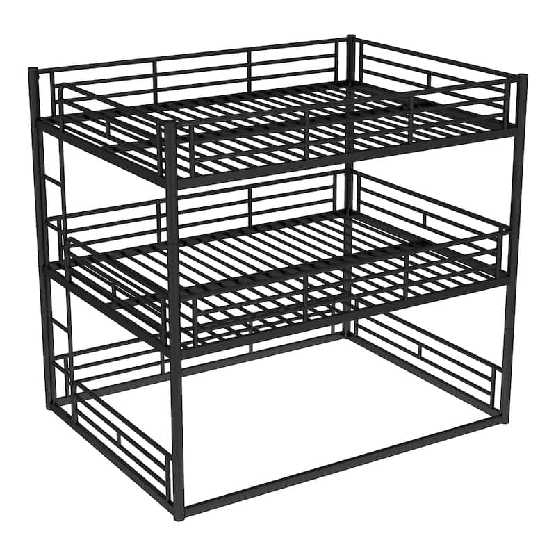 Queen over Queen over Queen Bunk Bed, Metal Triple Bunk Bed with Safety Guardrails, Bunk Bed with Noise-reduced Design