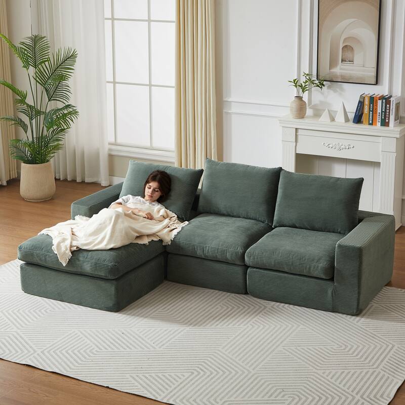 Roomfitters 99" L-Shaped Corduroy Upholstered Sectional Sofa, Modern 3-Seater Sectional Couch with Pillows, Living Room, Green