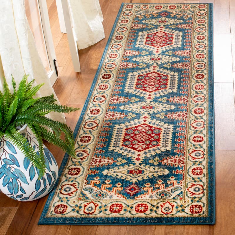 SAFAVIEH Kashan Gerri Oriental Rug with Fringe - 2'6" x 8' Runner - Navy Blue/Ivory