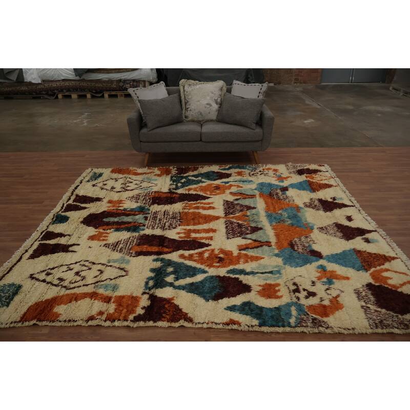 Hand Knotted Oriental 100% Wool Carpet Modern Tribal Beige & Ivories Moroccan Area Rug - 9' 2'' X 8' 2''