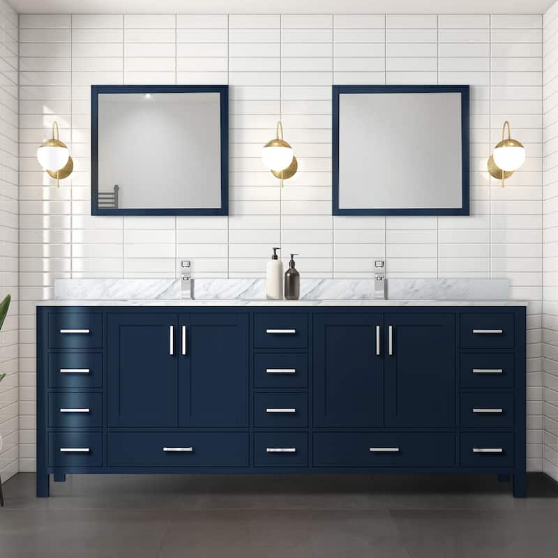 Jacques 84 in. W x 22 in. D Navy Blue Double Bath Vanity, Carrara Marble Top, and 34 in. Mirrors - Painted - Navy Blue - Double Vanities