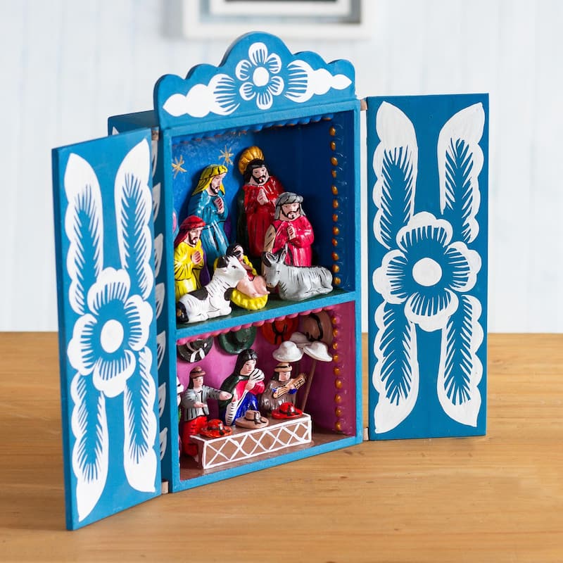 Novica Handmade Blue Andean Christmas Wood Retablo