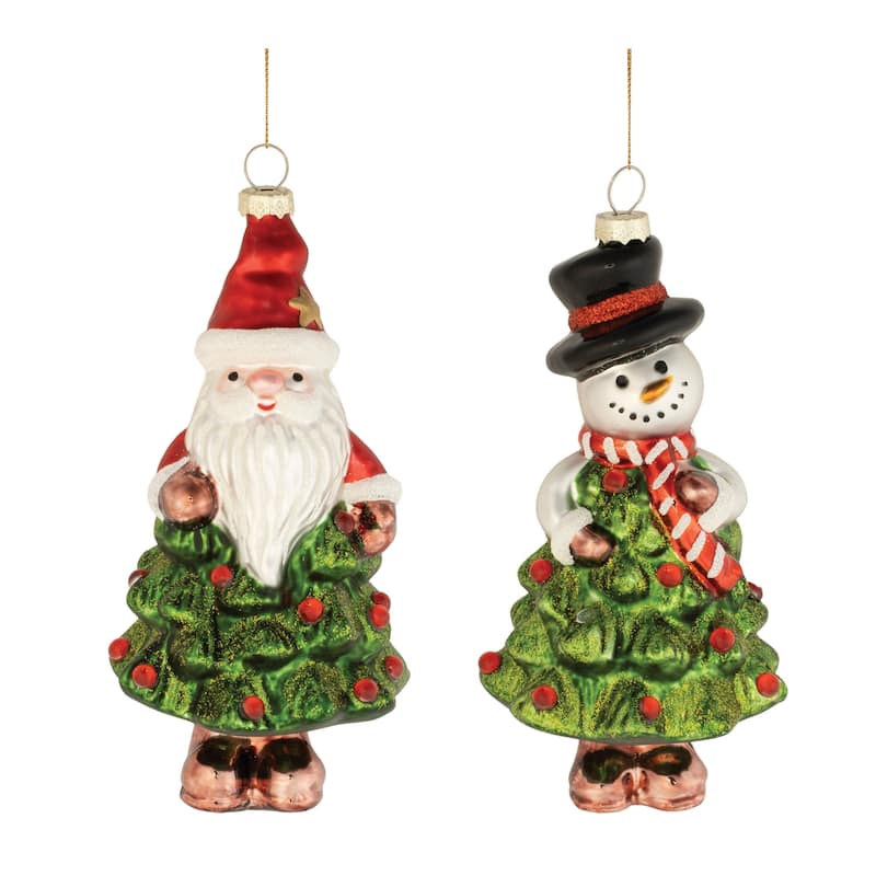 Set of 12 Glass Santa Snowman Ornaments for Holiday Tree Decoration - 2.5” x 2.5” x 6” - Green/White/Red