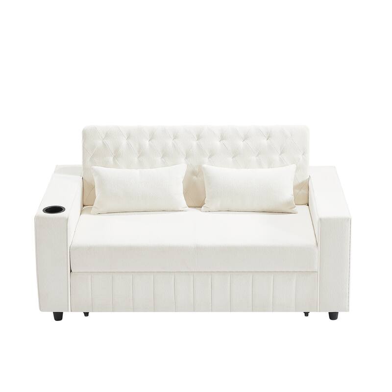 61.41" Chenille Convertible Sofa Bed with Adjustable Backrest, USB & Cup Holders